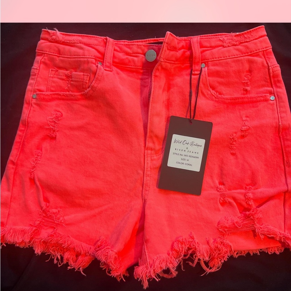 Pink Distressed Jean Shorts with Frayed Hem